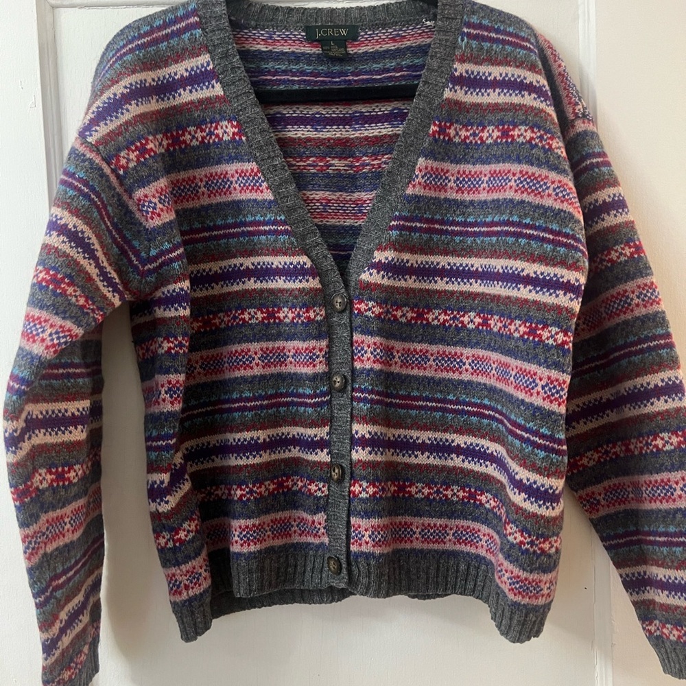J. Crew Women's Gray and Pink Patterned Cardigan